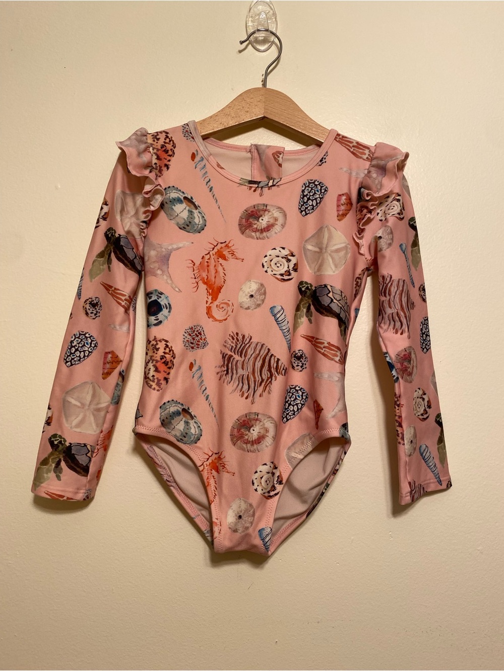 Pink Chicken Pink Seashell & Marine Print Long-Sleeve One-Piece Swimsuit. Size 7